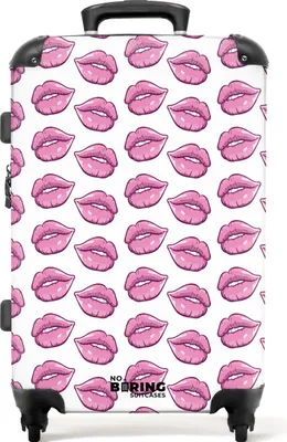 Produktbild von NoBoringSuitcases.com Hartschalen Koffer Mittelgroß 67x43x25 cm, 72L, Bunte Drucke für Frauen: Weiß mit rosa Lippen, Reisekoffer mit 4 Rollen