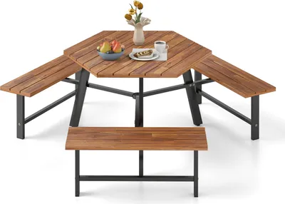 Immagine prodotto di Set tavolo da picnic COSTWAY per 6 persone, tavolo da giardino in legno d'acacia con foro per ombrellone e 3 panchine, mobili da patio, mobili da giardino, gruppo di sedute, set di sedute
