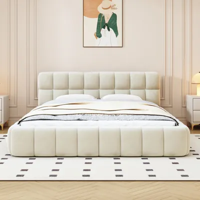 Obrázek produktu pro UnboxG Čalouněná postel 140x200cm s roštovým rámem, postel s podnožkou a úložným prostorem, funkční postel pro dvojlůžko, povlečení, béžová barva