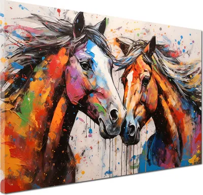 Produktbild von 2 Pferde Pop Art Wandbild Leinwandbild Kunstdruck XL Deko: 150x100x4cm