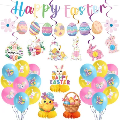 Productafbeelding van Osterdecoratieset met "Happy Easter"-banner, guirlande, hangdecoraties, ballonnen en tafeldecoraties