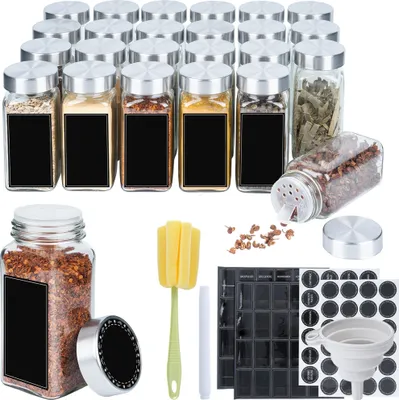 Produktbild von JOIEYOU sada nádob na koření pro domácnost 24 kusů kořenky s víčkem z nerezové oceli 120ml nádoba na koření se skládací nálevkou, samolepkami, čisticím kartáčkem a fixem nádoby na koření a bylinky