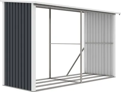 An empty metal firewood storage rack with a dark gray side panel.