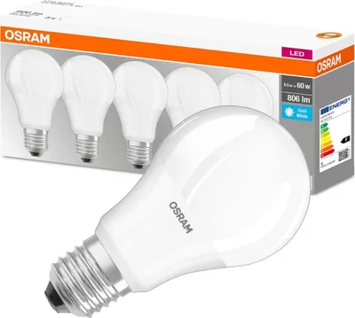 A pack of OSRAM LED light bulbs is shown, with one bulb prominently displayed in the foreground.