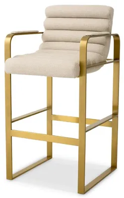 Produktbild von Casa Padrino Luxus Barstuhl mit Armlehnen Sandfarben / Messing 53,5 x 57,5 x H. 107 cm - Gepolsterter Edelstahl Barhocker - Bar Möbel - Luxus Möbel - Luxus Qualität