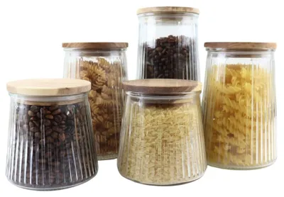 Immagine prodotto di Contenitori in vetro con coperchio - Set da 5 - Legno di acacia
