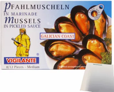 Produktbild von Vigilante Pfahlmuscheln In Marinade - Mejillones En Escabeche (115g Dose) + usy Block