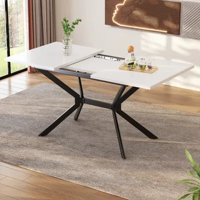 Image de OKWISH Table À Manger Extensible, Table À Manger Rectangulaire Avec Pieds Métal Noir, MDF, 120/160 x 80 x 75 cm - Blanc + Noir