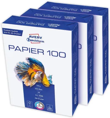 Produktbild von AVERY Zweckform 2566 Drucker-/Kopierpapier (1.500 Blatt, 100 g/m², DIN A4 Papier, hochweiß, für alle Drucker) 1 Box mit 3 Pack