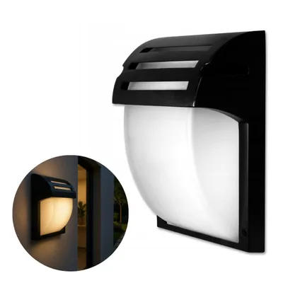A black and white outdoor wall light with a curved white diffuser and a black slatted top.