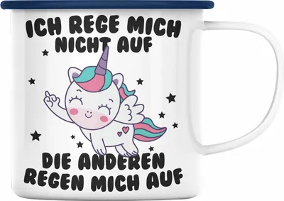 Produktbild von Trendation - Emaille Tasse mit Spruch, Lustige Emaille Tasse mit Sprüchen - Ich Rege Mich Nicht Auf - Emaille Emaille Tasse Geschenk Arbeitskollege Geschenkidee Frauen Einhorn Moti (Blau)