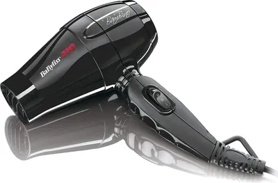 A black Babyliss hair dryer is shown on a reflective white surface.
