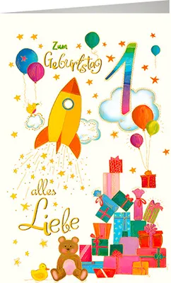 Produktbild von 1. Geburtstag - Karte mit Umschlag - Rakete und Geschenke