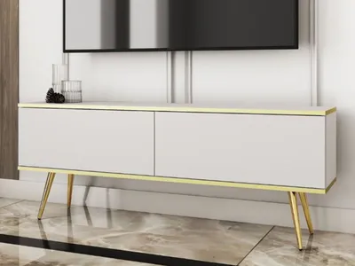 Produktbild von GrainGold TV-Schrank Diolo - RTV-Schrank, RTV-Tisch, Lowboard, TV-Tisch mit Metallbeinen, Stilvoller RTV-Schrank - TV-Schrank Weiß, Gold