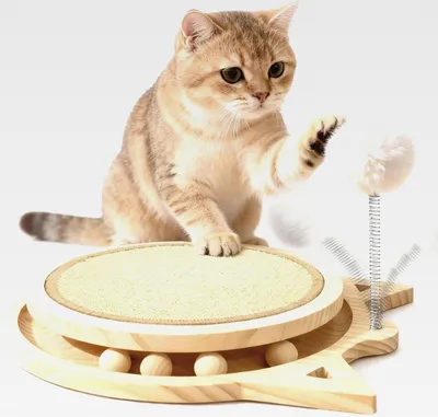 Produktbild von Katzen Kratzbrett, Massives Naturliche Sisal Kratzmatte, 4-IN-1 kratzbretter Katze mit kugelbahn & Pluschkugel, katzenspielzeug Holz