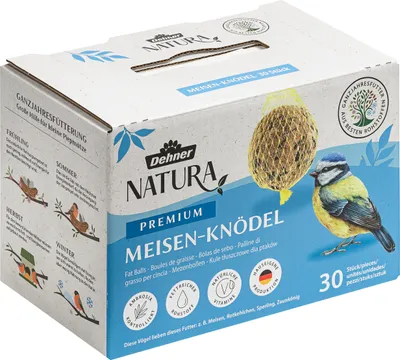 Produktbild von Dehner Natura Premium Meisenknödel mit Netz, ganzjähriges Wildvogelfutter proteinreich / energiereich, Vogelfutter für Wildvögel, 30 Stück je 90 g (2.7 kg), Karton aus FSC®-er Produktion