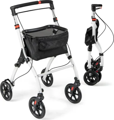 Zdjęcie produktu dla Wąski rollator z 5-stopniową regulacją wysokości i tacą oraz 4 kółkami i hamulcami, pomoc w chodzeniu