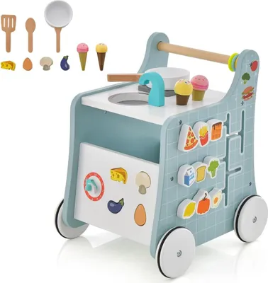 Produktbild von DREAMADE Lauflernwagen Holz, 6-in-1 hölzerne Lauflernhilfe, Baby Walker mit Blöcken & 9 Teilen Zubehör, Lernlaufwagen & Aktivitätszentrum, ab 1 Jahren