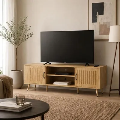Imagen del producto de Mueble bajo para televisión, diseño de madera, 160 cm, mesa de televisión con puertas y compartimentos