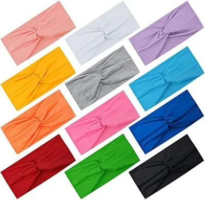 Produktbild von 12 elastische Haarbänder für Damen, verknotete Stirnbänder und Turban-Kopfbänder, breiter Haarschmuck mit Knoten für Yoga, Sport und Fitness, 12 Farben