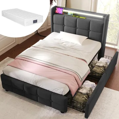 Immagine prodotto di Letto imbottito con testiera USB e LED e 2 cassetti, letto singolo 90x200cm struttura letto contenitore, grigio con materasso