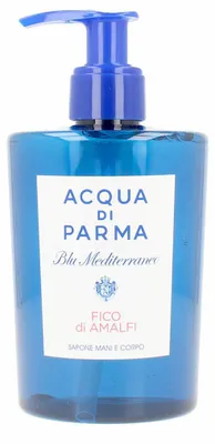 Imagen del producto de Acqua di Parma Fico di Amalfi Blu Mediterraneo, Loción corporal, Jabón líquido, Botella con dosificador, Bergamota, Toronja, Limón, Higo, Jazmín, Pimienta rosa, Cedro, Benzoino, Madera de higo