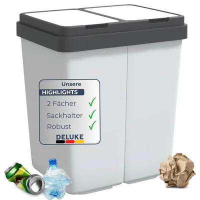 Produktbild von DELUKE® Mülleimer 2 Fächer Küche - 2x25L Trenneimer, Mit Müllsackhalter | Abfalleimer mit Deckel Büro Doppel-Müllbehälter Kücheneimer 50L, Weiß