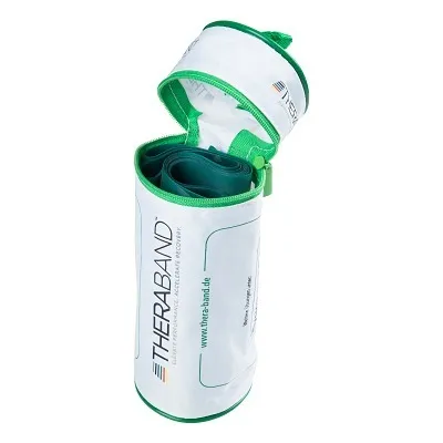 A green Theraband exercise band rolled up inside its white zippered carrying case.