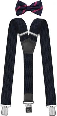 Produktbild von Fabio Farini - 1 Stück mit passender Fliege als Set 4cm Y-Form für Herren Pack Dunkelblau 4cm Hosenträger - Dunkelblau Pink Gestreift Fliege