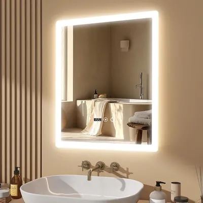 Obrázok produktu pre Zrkadlo do kúpeľne s osvetlením, 50x60 cm, dotykové ovládanie | LED zrkadlo do kúpeľne, nástenné, bez rámu, 3 farby svetla, stmívateľné, s pamäťou, proti zahmlievaniu, na zavesenie vertikálne