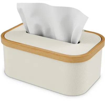 Immagine prodotto di Distributore per fazzoletti in bambù, modello Oxford, in tessuto bianco, per piccoli fazzoletti di carta