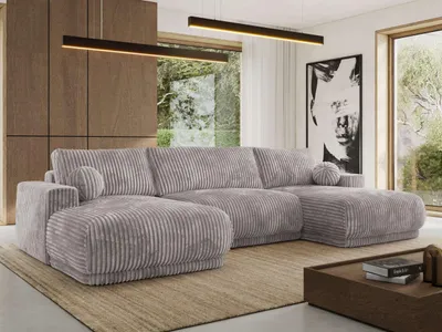 Produktbild von MKS MEBLE Ecksofa XXL Wohnlandschaft RINA U-Form Ecksofa mit Schlaffunktion & Wellenfederung, DL-Schlaffunktion - Hellgrau Cord