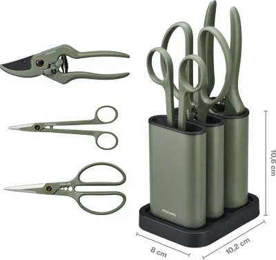 A set of gardening shears and scissors displayed with their storage case.
