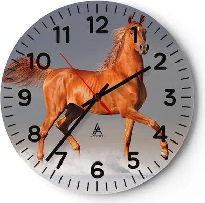Produktbild von Wanduhr - Rund - Glasuhr - Tiere Pferd Galopp Geschwindigkeit - 30x30cm - Schleichendes Uhrwerk - Lautlos - zum Aufhängen bereit - Dekoration Modern - Wanddekoration aus Glas - C4AR30x30-2590