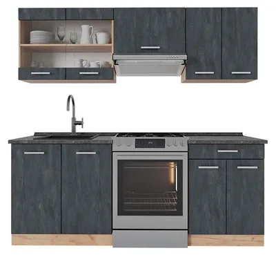 Produktbild von Küchenzeile Vicco R-Line Schwarz Beton/Goldkraft Eiche 200 cm AP Anthrazit, Model 47375