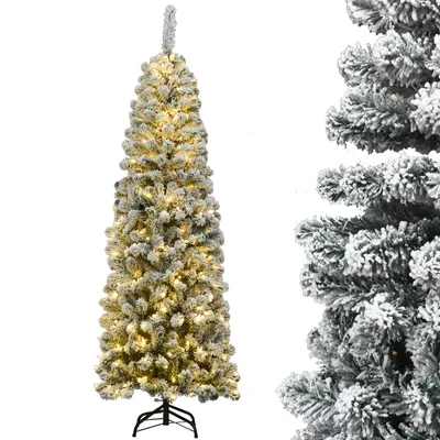 A tall, slender artificial Christmas tree with flocked branches and pre-strung warm white lights, standing on a black metal stand against a white background. A close-up of the flocked branches is shown to the right.