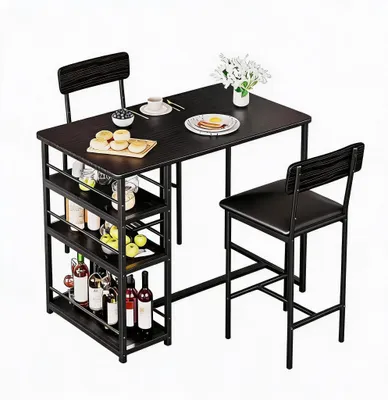 Produktbild von Bartisch Set 3 tlg 92x50x91 cm Stehtisch mit 2 Barhockern Schwarz