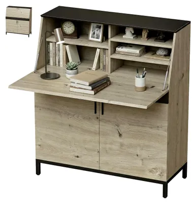 Produktbild von Sekretär-Schreibtisch 100 cm, Moderner Computertisch im Industrie-Stil mit Regalen und Schrankfach, Bürotisch für Büro oder Schlafzimmer, Naturholz und Schwarz
