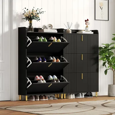 Image de OKWISH Meuble à Chaussures - Lot de 2 avec 6 Compartiments et Étagères Réglables, Pieds et Poignées en Métal Doré, MDF, Noir
