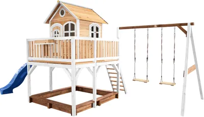 Produktbild von AXI Spielhaus Liam mit Sandkasten, Doppelschaukel & blauer Rutsche | Stelzenhaus XXL in Braun & Weiß aus Holz für Kinder | Spielturm mit Wellenrutsche & Schaukel für den Garten