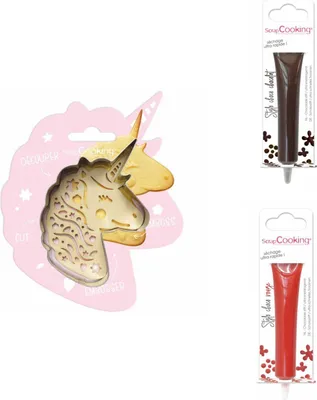Produktbild von Einhorn-Relief-Keks-Set + 2 rote und braune Schokoladenstifte