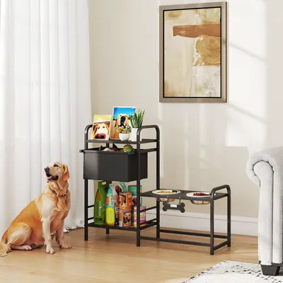 Produktbild von Hundenapf höhenverstellbar mit Stauraum, Futterstation Hund, Edelstahlnäpfe 2x800ml, Schwarz | 89,5x27x74 cm | 3 Höhen: 16,5/24/32,5 cm | Regal 20 kg