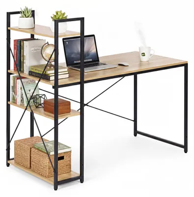Zdjęcie produktu dla Biurko komputerowe szkolne 120x60 cm regał z 3 półkami loft jasny dąb ModernHome