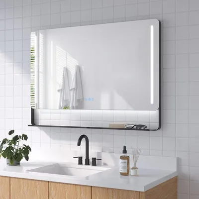 Produktbild von Badezimmerspiegel 100x70 cm Badspiegel mit LED-Beleuchtung und Ablage, dimmbar, Anti-Beschlag-Funktion, Kaltweiß/Neutralweiß/Warmweiß, schwarz, Touch