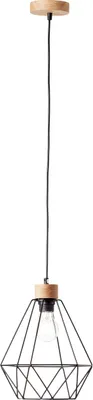 A pendant light with a black wire cage and a wooden top, hanging against a white background.