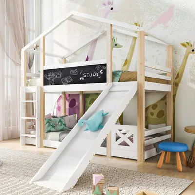 Produktbild von Hochbett für Kinder 90x200cm aus Kiefer-Massivholz und MDF, Kinderbett Baumhaus 90x200 mit Leiter, Rutsche und 2 Lattenrosten in Weiß Natur