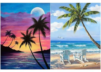 Productafbeelding van 5D Diamantverfset, Kokospalmen aan zee, 2 canvasdoeken, 30x40 cm, knutselset, decoratie, cadeau