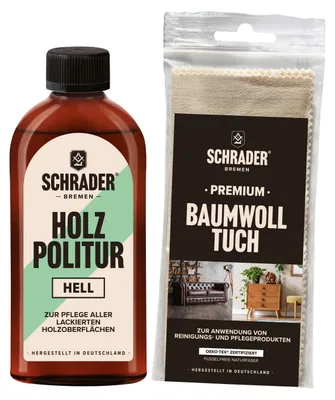 Produktbild von SCHRADER Holz Politur Hell + Baumwolltuch - Set zum Auffrischen und Restaurieren von lackierten Holzmöbeln - 250ml