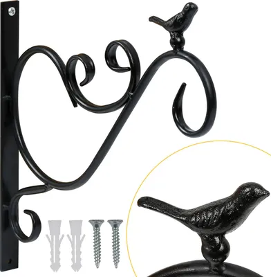 Image de Izrielar Lot de 4 crochets pour fleurs avec motif oiseau, métal noir Support mural pour plantes et décoration de jardin