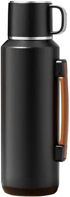 Image de Unyqoos® : Thermos à double paroi en acier inoxydable 316, capacité 1 litre, isolation sous vide jusqu'à 24 heures, couleur noire, avec compartiment à thé amovible et poignée en silicone